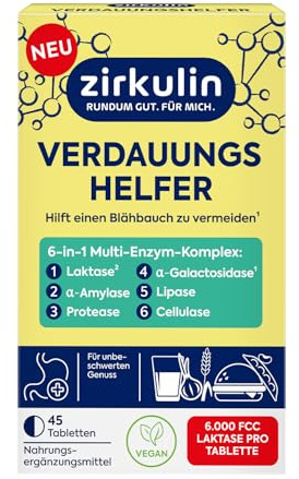 Zirkulin Verdauungshelfer 6-in-1 (45 Tabletten) | Nahrungsergänzung mit 6 Enzymen & Calcium für die Verdauung - mit Laktase, Amylase, Protease, Lipase & Cellulase – vegan