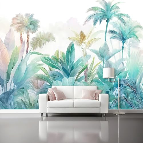Fotomurales Acuarela de plantas tropicales con colores fríos Papel Tapiz Moderno 250 x 175 cm Papel pintado tejido no tejido coración Pared corativos Sala Living Oficina Dormitorio Verde Azul