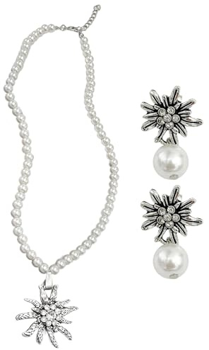 3Stück Trachtenschmuck Damen Set Edelweiß Perlenkette Ohrstecker Oktoberfest Trachten Schmuck für Damen Bayerisch Dirndl Schmuck Trachtenkette mit Strass für Bierfest Trachten Dirndl OutfitAccessoires
