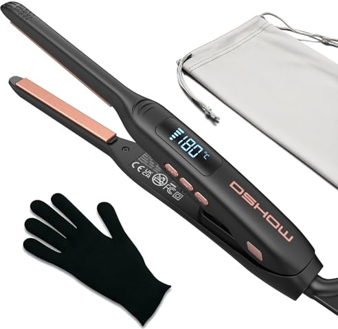 DSHOW Pencil Straightener for Short Hair, Mini Hair Straighteners for Pixie Cuts and Bangs, 2-in-1 Styling with Adjustable Temperature, Dual Voltage, Fast Heat Up