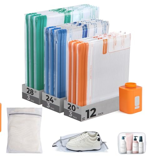 BAGSMART Travel Vacuum Bags 12 Pack with Wireless Pump Airtight Space Saver | With Toiletry Shoe & Laundry Bags, PE+PA, Triple-Seal Leak-Proof Reusable, Wide Opening Side Design, 3 Sizes Compression Bags