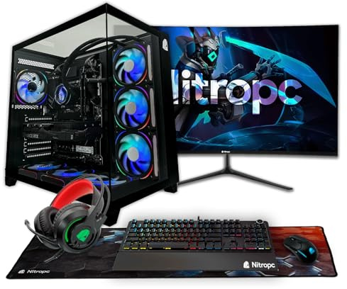 NitroPC - Pack Extremo | PC Gaming Completo (AMD Ryzen 7 7700X 4.5GHz, RTX 5060 Ti 16GB, RAM 32GB, M2 1TB, Windows 11 Pro, RGB | WiFi Monitor 27, Teclado ratón Cascos) PC sobremesa (Negro)