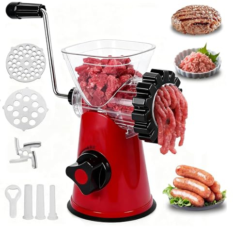 Manual Meat Grinder, 6-in-1 Meat Mincer with Heavy Duty Powerful Suction Base, Sausage Maker,Mincer Machine,Meat Mincers for Home Use for Beef, Mince, Vegetables, Noodles
