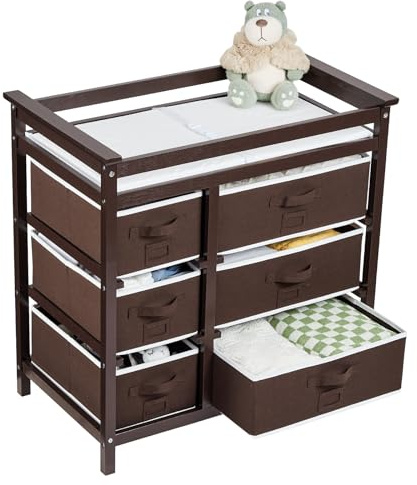 GarveeHome Moderner Wickeltisch – Wickelstation Mit 6 Schubladen, Wendbaren Körben, Sicherheitsgittern – Babymöbel Inklusive Wickelauflage Und Gurt.