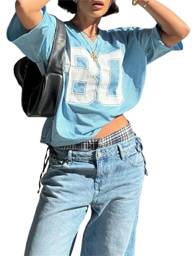 Anuedgis Damen Y2k Oversized Jersey Shirts Cute V Neck Number Graphic Basketball T-Shirt Sommer Ausgehen Varsity Top Ästhetische Kleidung