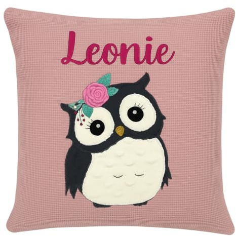 Generisch Kissen aus Waffelpique Bestickt und Personalisiert Eule aus 100% Baumwolle 40x40 cm für Kinderzimmer