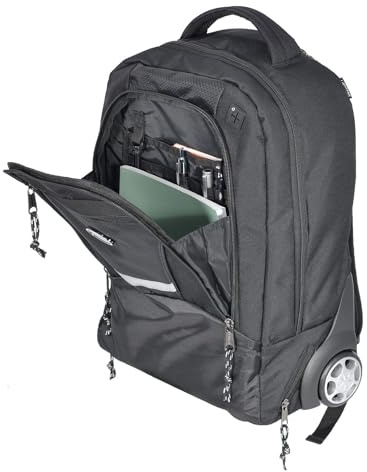 LIGHTPAK 46151 Laptop Trolley-Rucksack Master Schwarz 48,5 cm mit Rollen & versenkbarem Teleskopgriff, Business Reiserucksack mit Notebookfach & Organizer + ALASSIO Aluminium Sichtfeld Kofferanhänger