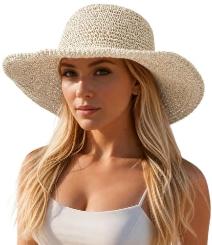 Sombrero de Paja para Mujer, Sombrero de Paja de ala Ancha, Sombrero de Playa Plegable, Sombrero de Verano Ajustable, Sombrero de Sol Ligero y Transpirable para Playa, Vacaciones, Viajes