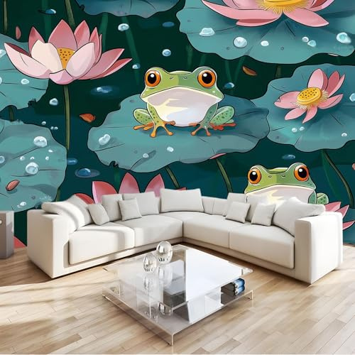 Carta da Parati Fotomurale XXL 250 x 175 cm, Poster Murale 3D in Tessuto Non Tessuto per Parete TV Corridoio e Soggiorno, Decorazione Interni di Grande Impatto Verde Cartone Animato Stagno Loto Rana