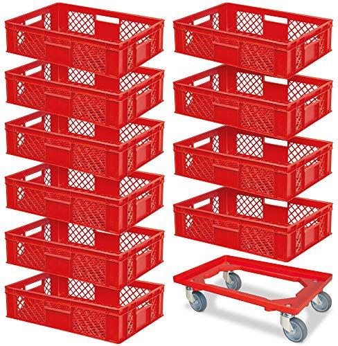 BRB 10 Eurobehälter, LxBxH 600x400x150 mm, Industriequalität, lebensmittelecht rot + 1 Transportroller mit Deck aus bruchsicherem ABS-Kunststoff