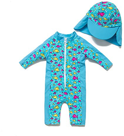 BONVERANO Bañador Recién Nacido Manga Corta Protección UV 50+ con Gorro(Azul-Azul,6-9meses