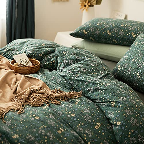 LifeTB Set di biancheria da letto con copripiumino in 100% jersey di cotone lavorato a maglia, stile vintage, motivo floreale, stile shabby chic, colore verde, per ragazze e donne, con 2 federe