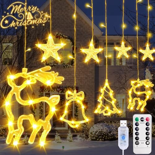 LED Lichtervorhang Weihnachten, LED Lichterkette Lichtervorhang mit 138 leds LED Weihnachts Beleuchtung, 8 Modi LED Sterne Lichterkette für Innen Außen, Weihnachten, Party, Garten, Balkon, Fenster