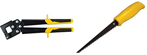 Stanley 15-273 Pince À Sertir Profilés 0,6 mm Fabriquée en France - Sertissage Permanent de Cadres métalliques en U & 0-15-556 Scie À Guichet Spéciale Panneaux De Plâtre Poignée Synthétique 150 Mm