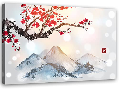 Feeby Impression sur Toile Intissé Cerisier en fleurs Montagnes Japon 90x60 cm Image décoration Murale Design Chambre d'enfant Kanji Asie Est Oriental rouge
