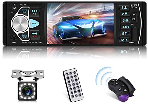 Podofo 1 Din 4.1 Pollici Autoradio con Schermo HD con kit Vivavoce Bluetooth/USB/FM/SD/AUX/Telecamere di Retromarcia (12 luci)/ Telecomando al Volante