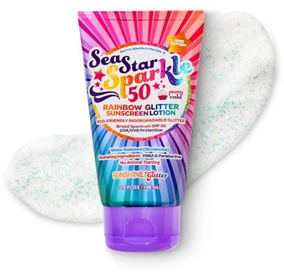 Seastar Sparkle - Rainbow Party Cake Scented Glitter Sunscreen - SPF 50 - Biodegradable Sunscreen, Kids, Water Resistant, Glitter lotion, Cruelty Free, Kids Lotion, Made in USA, 3.4oz