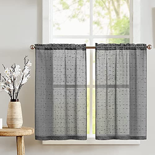 TOPICK Scheibengardinen 2er Set Bistrogardine Leinenoptik H60xB65 Grau | Scheibengardinen Halbtransparent Durchsichtig Kurzgardine Landhausstil Vorhänge mit Stangedurchzug Küchengardinen Wohnzimmer