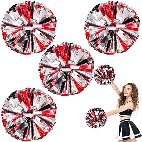 ZONITOK Cheerleader-Pompons mit metallischem Cheerleader-Griff, Cheerleader-Pompons mit Taktstock-Griff, jubelnde Quad-Pompons für Kinder, Erwachsene, Team, Spirit Cheering (schwarz + rot + silber)