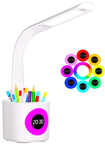 YOUKOYI Schreibtischlampe Kinder, Tischlampe 10W Touch Dimmbar mit USB-Anschluss 5 Helligkeitsstufen LED Schreibtischlampe mit Uhr, Wecker, Farbnachtlicht, Stifthalter für Arbeit, Studium, Büro