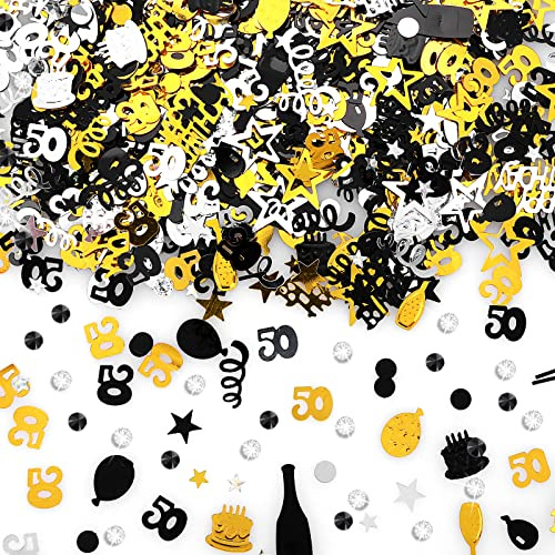 3000 Piece Happy Birthday Confetti - Number 50, Black Gold Silver Party Decorations for Birthday Anniversary (50th Style)