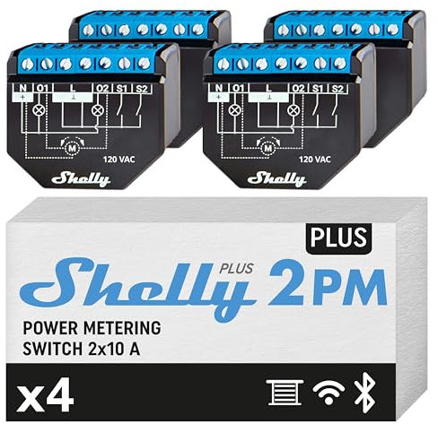 Shelly Plus 2PM - Set di 4 interruttori a doppio relè Smart Home, controllo digitale tramite App gratuita e Wi-Fi, funziona con Alexa e Google Home, per porte del garage e tapparelle