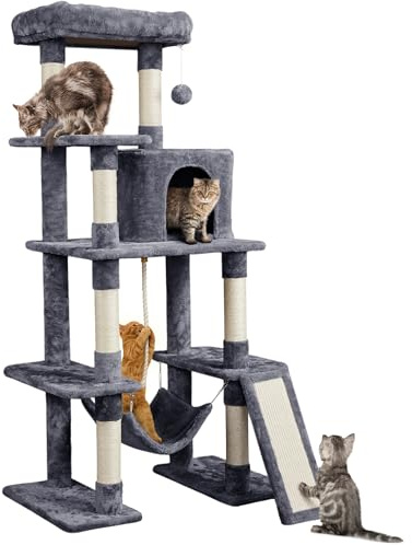 Yaheetech Árbol rascador para Gatos Grandes Torre de Gatos de Altura 159 cm con Múltiples Plataformas Cueva Tela de Felpa Condominio Perchero Hamaca Gris Oscuro