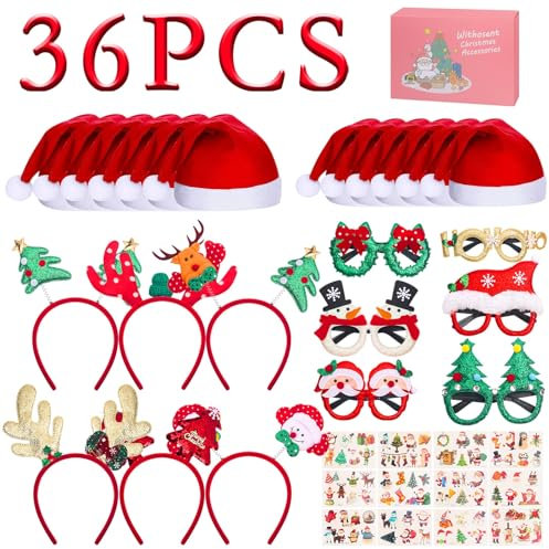 Withosent 36 Stück Weihnachts Accessoires, 6 Haarreif Weihnachten Stirnband, 6 Weihnachtsbrille, 12 Weihnachtsmützen, 12 Tattoo mit Geschenkbox zum Weihnachten Party für Erwachsene und Kinder