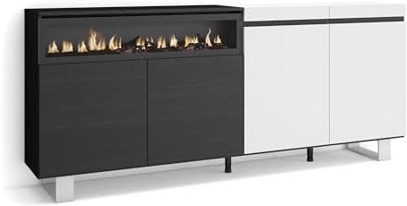Skraut Home | Sideboard, Highboard | Kommode, Komodenschrank | 200x87x35cm | 4 Türen | Elektrokamin. Maße | Industriedesign | Moderner Stil | Weiß und Schwarz