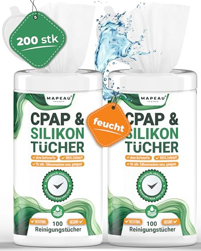 2x 100 CPAP Reinigungstücher für Sauerstoffmasken Mapeau, Reinigung von Silikon Produkten, Gummi und Kunststoffen, duftfrei ohne Alkohol (2)