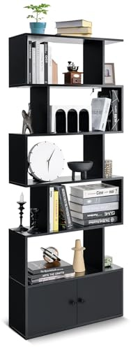 GIANTEX Bücherregal 5 Ebenen mit Schrank, Standregal freistehend aus Holz, Raumteiler Aktenregal mit Kippschutz, Aufbewahrungregal 70x23x183 cm, Holzregal für Wohnzimmer (Schwarz)