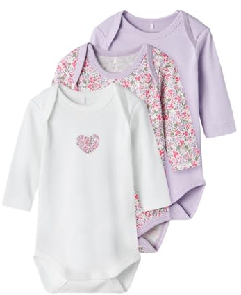 NAME IT NBFBODY 3P LS Lilac Petit Flower Noos, Body a Maniche Lunghe neonata, Pastel Lilac,