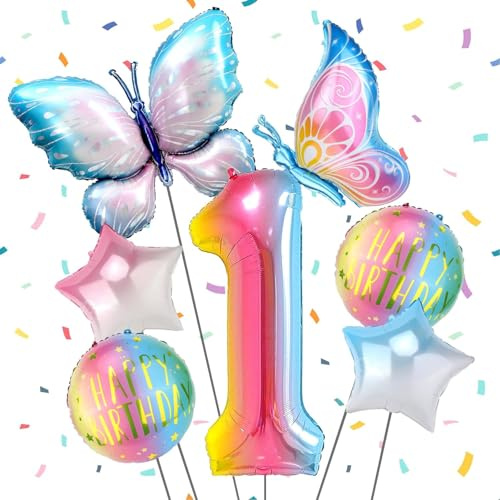 Schmetterling Folienballon 1 Jahre, Luftballons Geburtstag, Helium Ballons für Mädchen Deko, Happy Birthday Ballon
