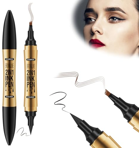 KKTONGXI Lápiz de cejas mágico 2 en 1, lápiz de tatuaje Microblading 3D resistente al agua con 4 puntas de tenedor y delineador de ojos, para cejas naturales. (marron oscuro)