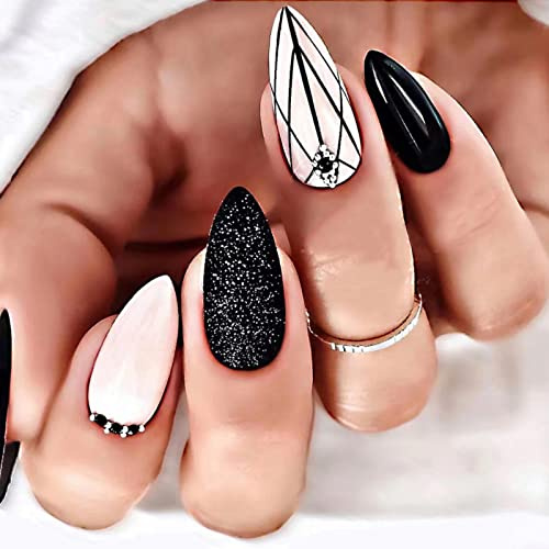 JUSTOTRY 24 Pcs Striped Almond Press on Nails Designs,White and Black French False Nails Short,Pretty Glitter Stick on Nails for Women,Medium Oval Fake Nail for Nail Art