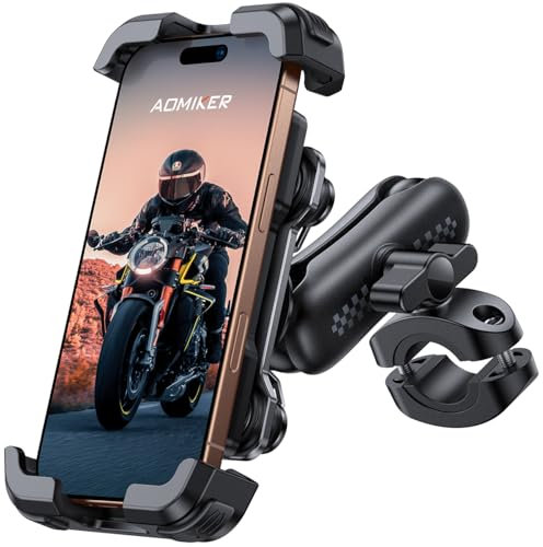 Aomiker Supporto per telefono da moto – [braccio di estensione in metallo] [doppio smorzatore di vibrazioni] supporto per telefono cellulare per moto, morsetto per manubrio per iPhone 16 15 14 13 Pro