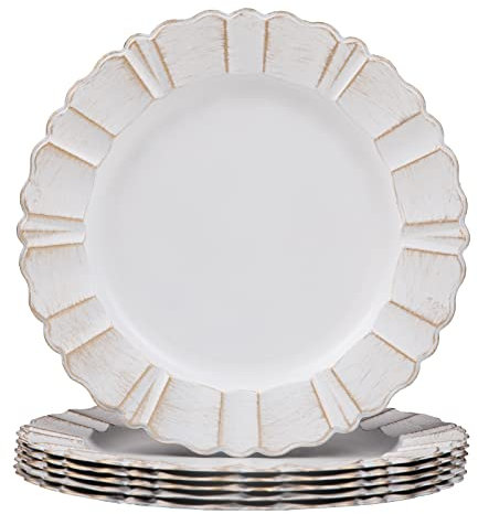 MAONAME 13 White Charger Plates, Round Plate Chargers with Wipe Gold Waved Scalloped Rim, Plastic Decorative Charger Plates for Wedding, Tabletop Decor, Set of 6