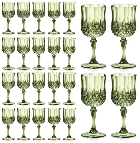 XUWAIDSGN 24 Pcs 7oz Plastic Vintage Wine Glasses Drinking Glasses Unbreakable Wedding Glassware Crystal Water Goblets Reusable Drinkware Vintage Champagne Flutes (24, Dark Green)