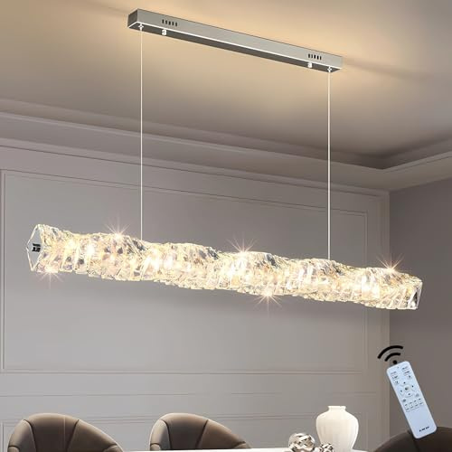 J.SUNUN Dimmbare LED Pendelleuchte Moderne Hängeleuchte Schlafzimmer Pendellampe Höhenverstellbar Wohnzimmer Kristall Kronleuchter Lampe für Esstisch Esszimmer Küche Leuchte Silbrig 120CM
