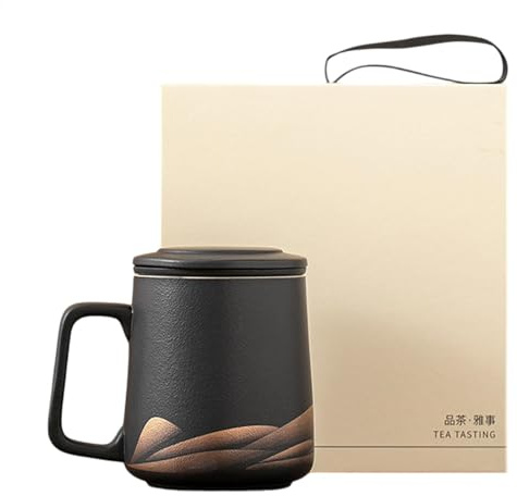 Taza infusora de té, taza infusora de té, taza de té con infusor de té, taza de cerámica Vista Mat de 360 ml, de té vintage, botella infusora de té esmaltada negra pintada a mano, perfecta