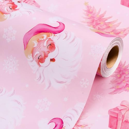 Wikadlik Weihnachts-Geschenkpapierrolle – niedlicher lachender Weihnachtsmann und Weihnachtsbaum, Babyrosa Geschenkpapier – 43 cm x 10 m