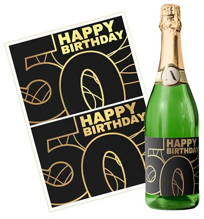 Flaschenetiketten Geburtstag – 2 Happy Birthday Aufkleber gold für Wein, Sekt Geschenk – selbstklebend, wasserfest – Sticker für Flaschen als Geburtstaggeschenk für Frauen und Männer - LINIEN-50