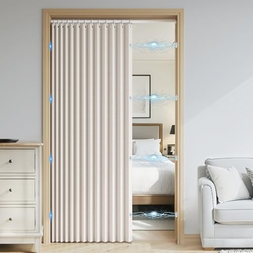 SK Studio Accordion Style Magnetic Folding Door Curtains for Doorways, Room Divider Pleated Drapes with Hooks for Closet, Bedroom, Living Room, 1 Panel, Beige, 39 W x 79 L