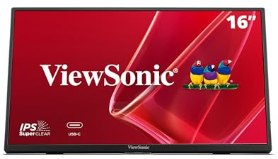 ViewSonic VA1650 Portable Monitor 16” 1920 x 1080 FHD IPS Portable Monitor with 65W USB-C Charger, Dual Speakers, USB-C, HDMI, Android and IOS Compatible, Adjustable Stand with Sleeve Case