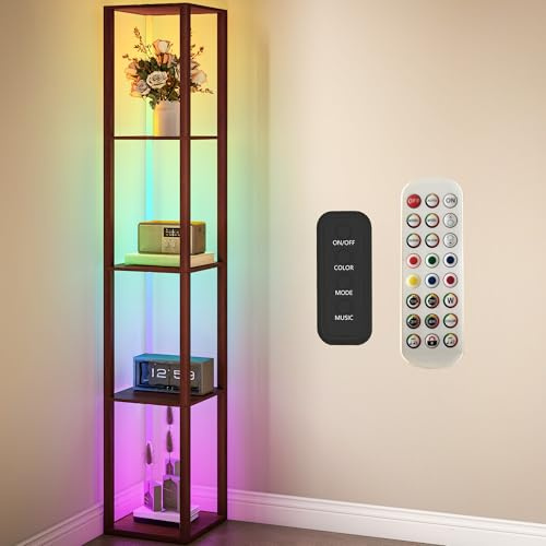 HOMCOM RGB LED Floor Lamp with Shelves, Modern Dimmable Standing Lamp with Remote Control, Adjustable Brightness & Speed for Living Room, Bedroom, Office, Brown