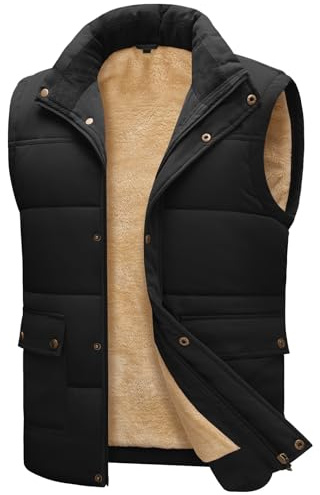 Lonya Chalecos Exteriores de Forro Polar Hombre, Chaqueta Sin Mangas Gilet de Otoño Invierno Chaleco Trabajo Acolchado con Múltiples Bolsillos Resistente al viento, Negro, M