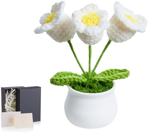 MAIBAOTA White Crochet Flowers Handmade Lily of The Valley | Knitted Flower Bouquet Potted Plants Birthday Gifts for Women Desk Decor Accessories