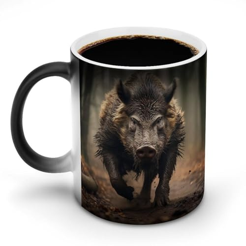 KOAYUBFC Tasse à café de 325 ml avec photos de sanglier changeant de couleur, tasses à café à changement de chaleur avec poignée, tasse magique sensible à la chaleur pour homme et femme, tasse