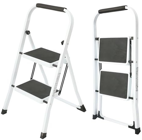 UZIRO Escalera Plegable 2 Peldaños -Estructura de Acero y Peldaño Antideslizante - Asa Superior de Goma - Escaleras Plegables Domésticas - Step Ladder para Hogar (Blanco, 2 Pedaños)