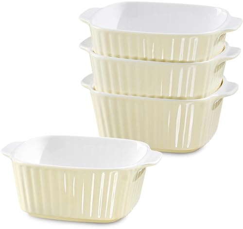 NUTRIUPS Juego de 4 fuentes pequeñas de cerámica para hornear de 400 ml, fuentes cuadradas para hornear para freidora de aire, moldes de cerámica con asas (amarillo claro)